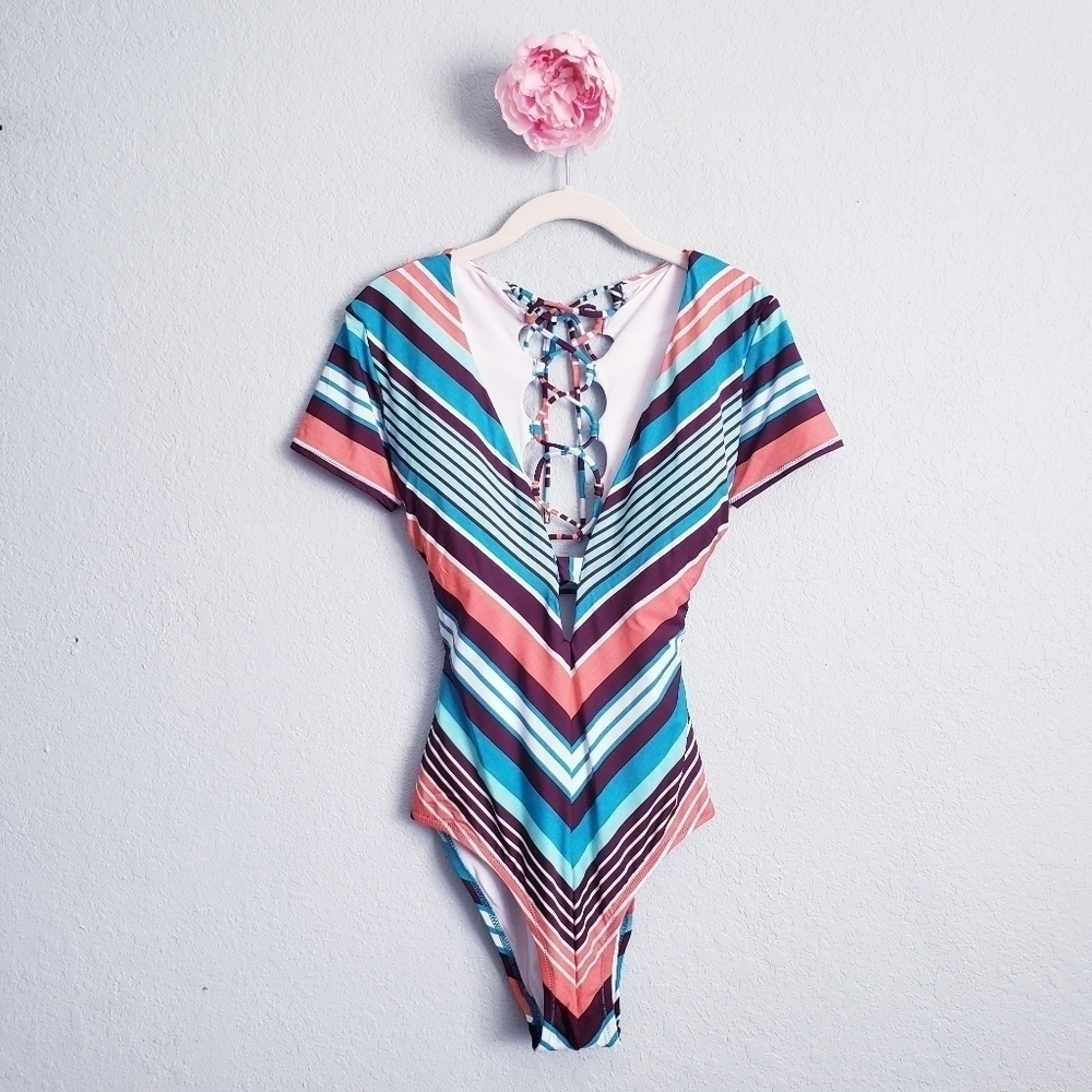 Laundry By Shelli Segal Multicolor Striped Lace Up Back One Piece Swimsuit
